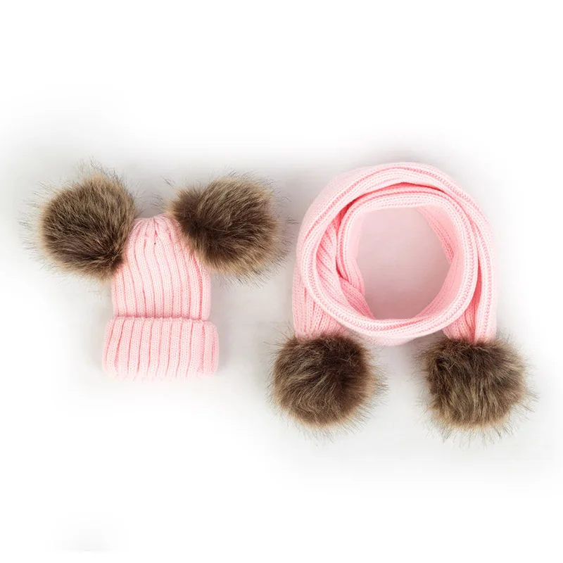 Geebro/вязаная шапка для малышей, шарф в рубчик, зимние шапочки с помпонами для маленьких девочек, теплые шапки с ушками для новорожденных, Детские кепки DK939 - Цвет: Pink-2