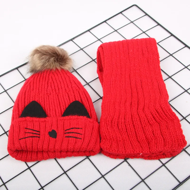 cat red Г., осенне-зимняя шапка для маленьких мальчиков и девочек, шарф, 2 предмета, вязанная шерстяная шапка бини, Детский комплект с капюшоном и воротником, плотный плюшевый шарф, шапка, комплект - Цвет: cat red