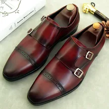 New Men Dress Shoes Bullock Genuine Leather Double Monk Strap Shoes Men Slip-on Causal Male Formal Business Shoes