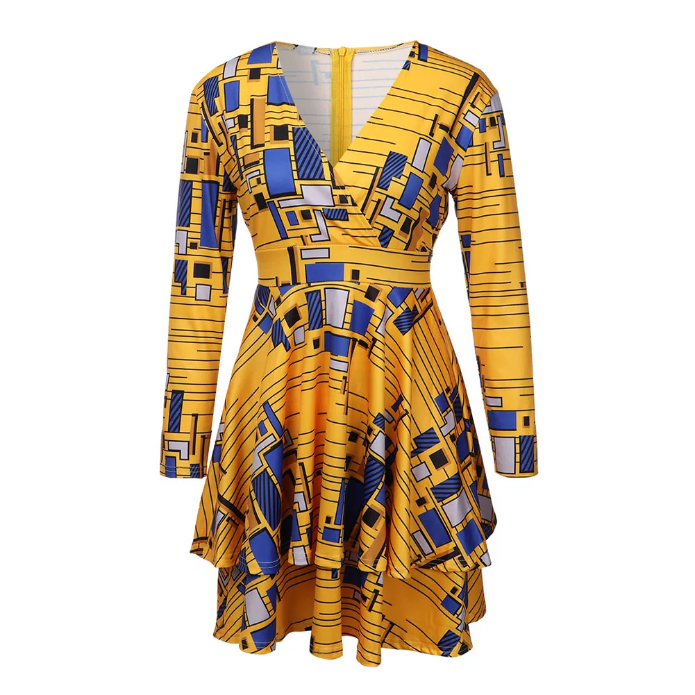 

Seluxu 2019 Autumn Women Dress African Style Sexy V-Neck Back Zipper Women Dress Sashes Three Quarter Sleeve Double Dress