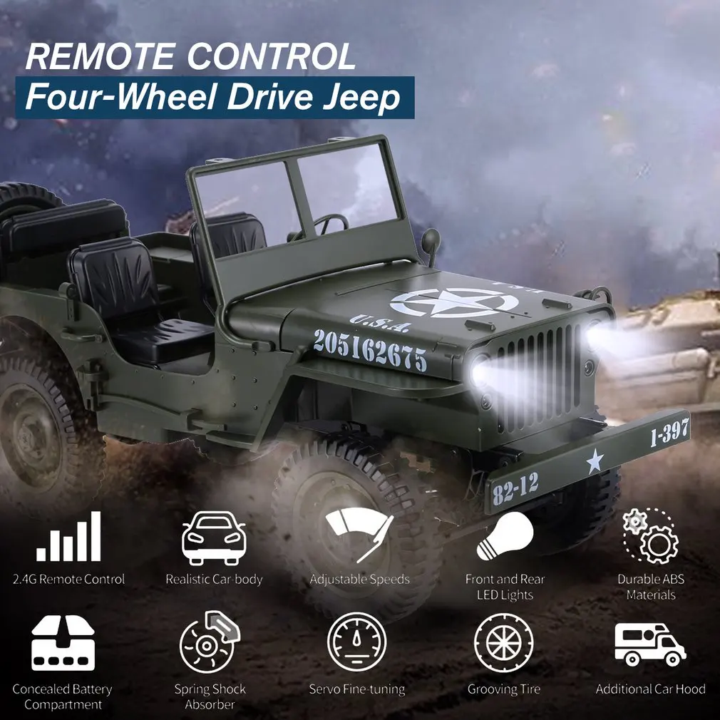  C606 1:10 RC Car 2.4G 4WD Convertible Remote Control Light Jeep Four-Wheel Drive Off-Road Military 