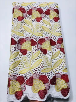 

high quality African voile lace fabric yellow and red handcut Swiss lace fabric with embroidery & stones for party dress YIN313