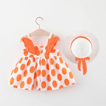 

Girls Dress Cotton Summer Beach Print Little Wings Sling Dresses Party Princess Baby Dress Send Hat Hot Sold