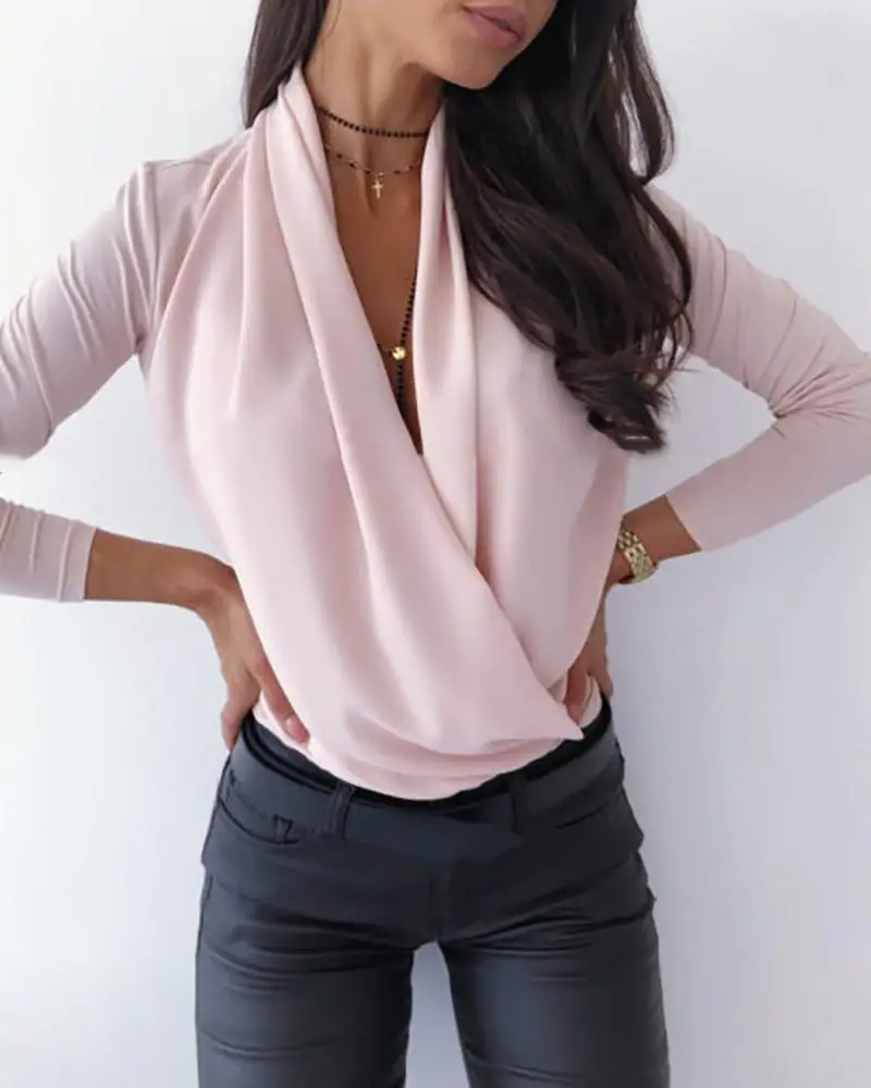 Solid Cowl Neck Long Sleeve Ruched Casual Blouse Tops