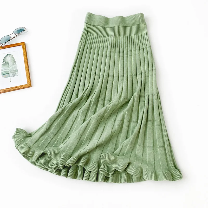 Autumn Winter Solid Jacquard Knit Skirts New Korean High Waist A-Line Stripe Long Skirt Women Ruffles Mermaid Skirt