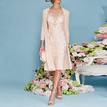 

Elegant Knee Length Mother Of The Bride Dress Scoop Neck Three Quarter Sleeves Lace Applique Robe De Mere De La Mariee