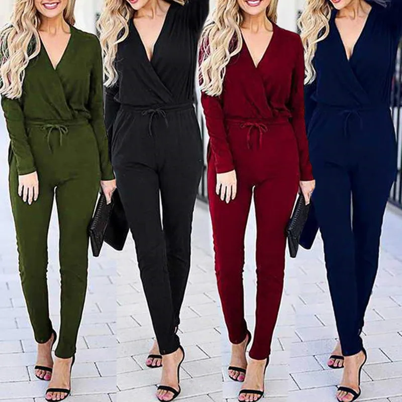 

Women Solid Sexy Jumpsuits Sashes Lady Sexy Deep V Neck Long Sleeve Playsuits Femal Fashion Casual Romper