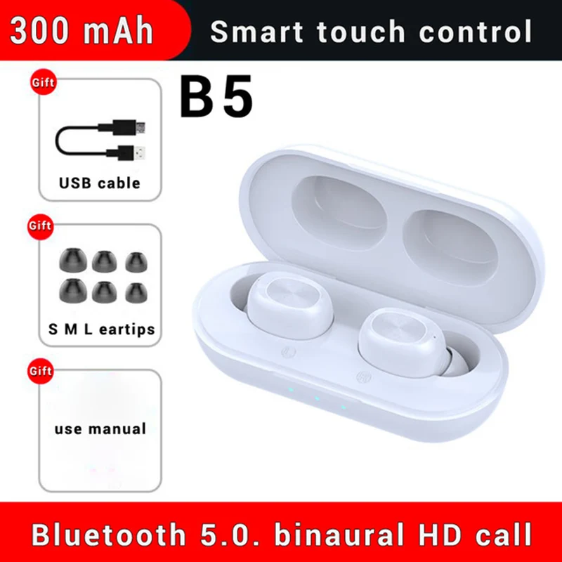 B5 white TWS Mini Bluetooth, беспроводные наушники 5,0, наушники с сенсорным управлением, B5, водонепроницаемые наушники, 9D, стерео гарнитура, 300 мА/ч, внешний аккумулятор - Цвет: B5 white