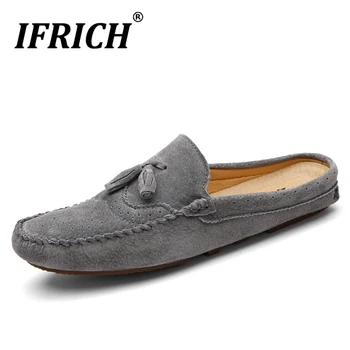 

Men Fashion Sneakers Half Drag Driving Moccasin Mens Blue Gray Natural Leather Tassel Loafers For Men Non-Slip Man Half slippers