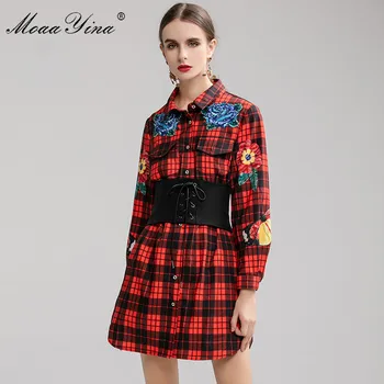 

MoaaYina Fashion Designer dress Spring Women's Dress Long sleeve Beading Plaid Floral-Print Crystal Sequin Belt Slim Dresses