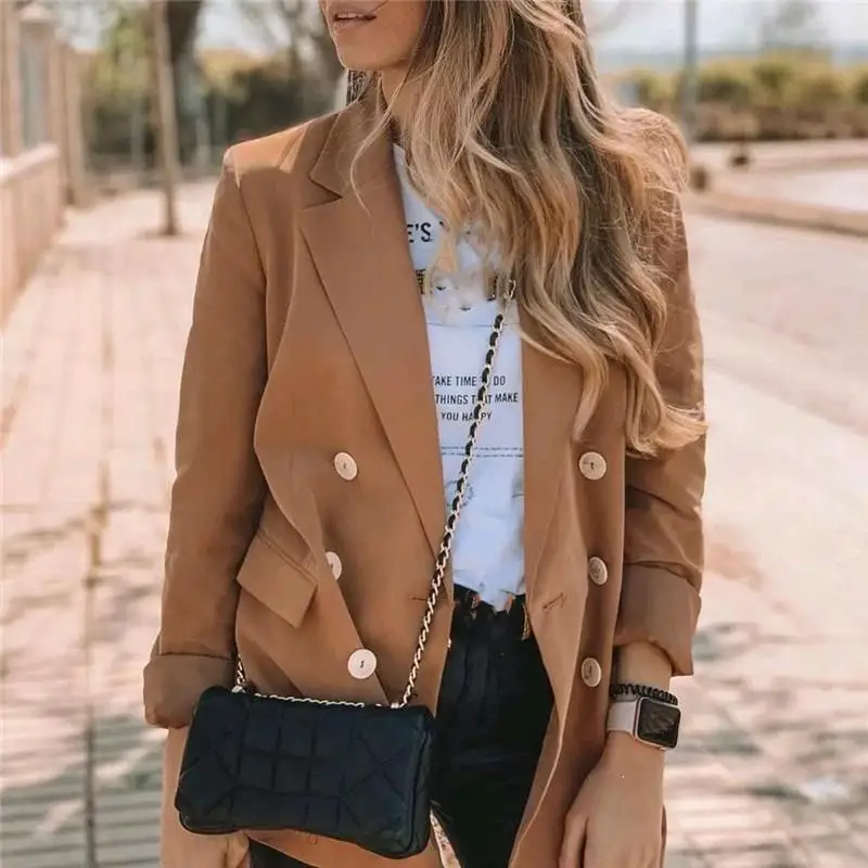 

Fashion Double-Breasted Plaid Blazer Women Long Sleeve Slim Ol Blazer High Street Casual Autumn Jacket Blazer