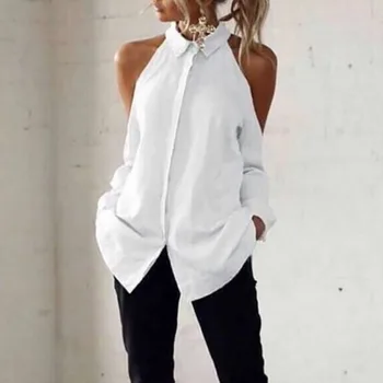 

Plus Size Summer Blouse Shirt Womens Off Shoulder Long Sleeve Halter Button Shirt Casual Loose Solid Tops Work Office Blouse