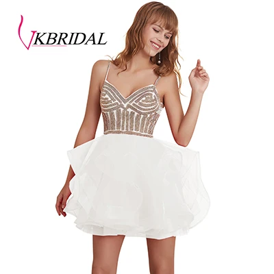 Белый VKbridal блеск с кристаллами для платья для выпускного короткие для юниоров сладости 16 вечерние свадебные платья кружево на спине бальное платье из тюли для выпускников - Цвет: Белый