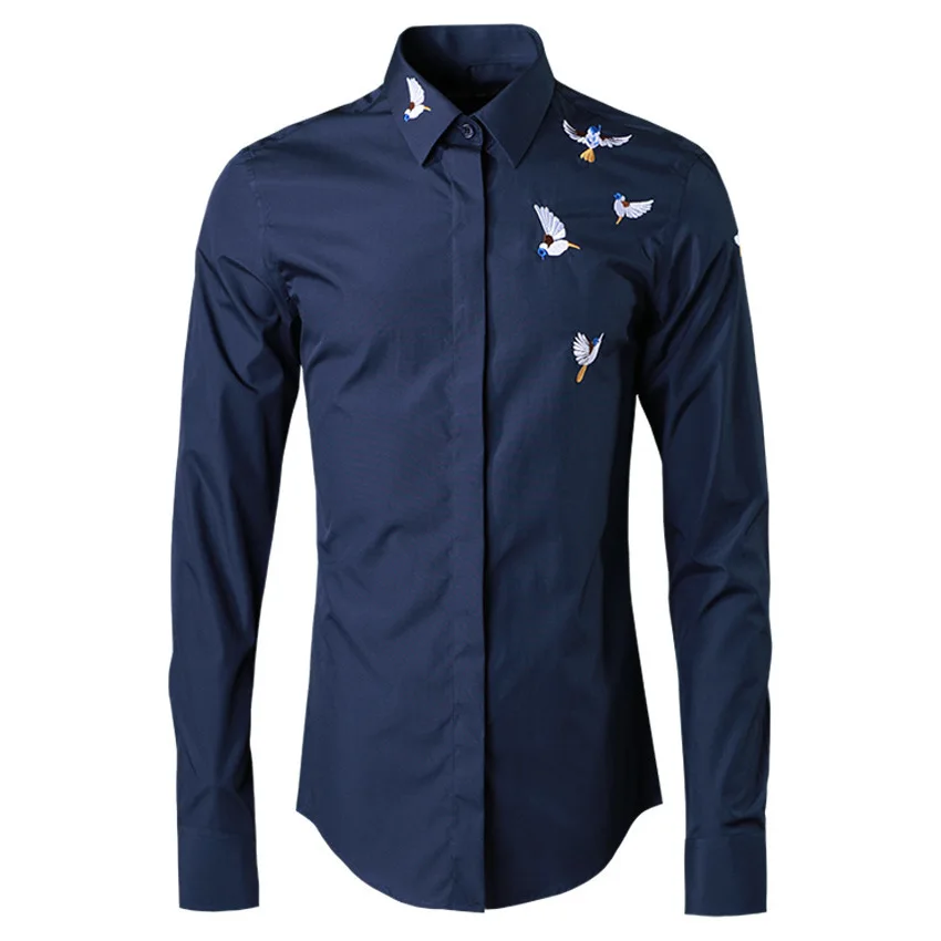 

Luxury White Black Navy Colored Bird Embroidered Men Shirt Long Sleeve Trend Mens Shirts Casual Slim Fit 4XL