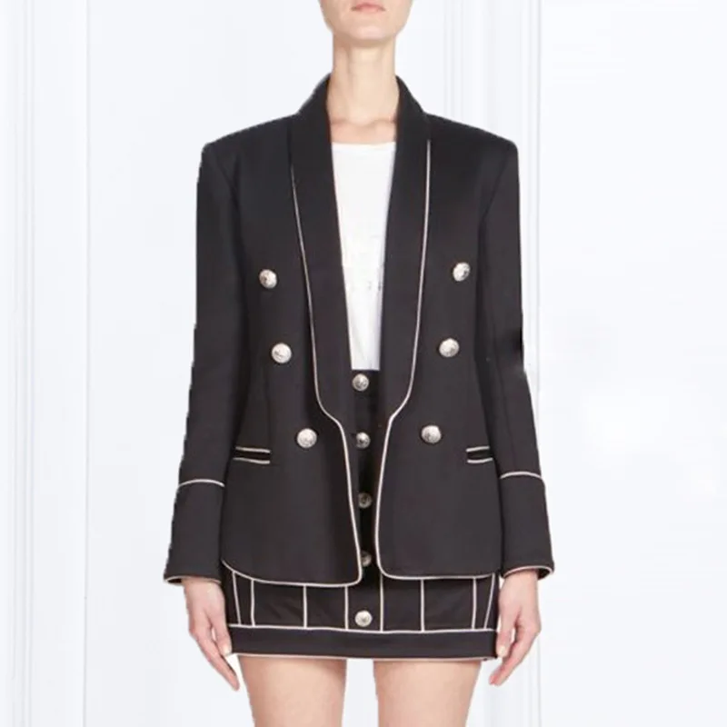 

2019 Autumn Coat New Fashion British Style Loose Silver Edge Commuting Double Row Buckle Temperament Suit Coat Black Suit Women