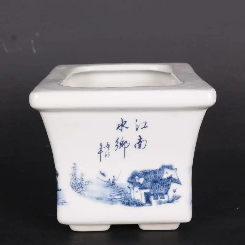 Chinese Style Blue and White Porcelain Water Town Landscape Design Flowerpot Pot 7"