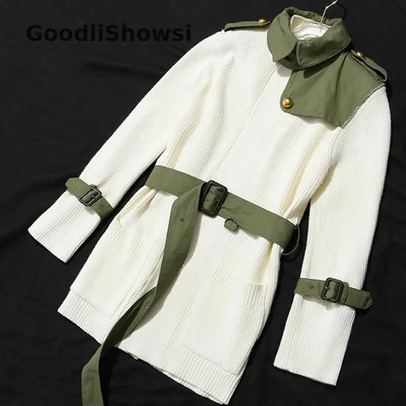 GoodliShowsi Модные женские повседневные кардиганы армейский зеленый лоскутный съемный воротник открытая стежка Облегающее вязаное пальто с поясом