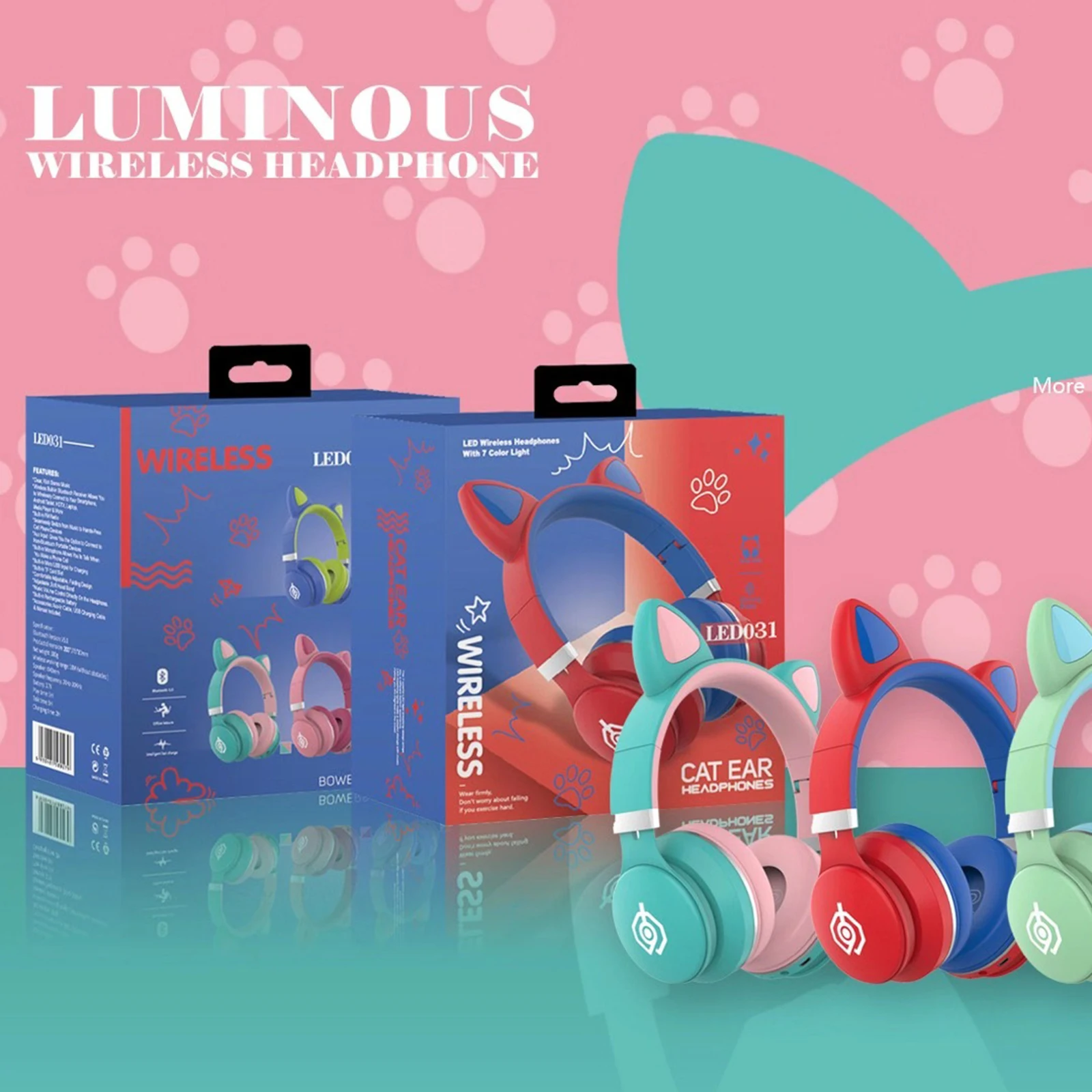 LED Cat Ear Earphone Earpiece Headphone Noise Cancelling Young People Kids LED Cat LED Noise Reduction Over The Ear Headphones