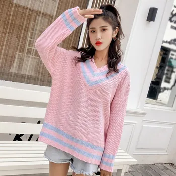 

Autumn winter College style pullover sweater Fashion female V Neck Striped knitted sweater Casual loose Navy Styles weatshirt