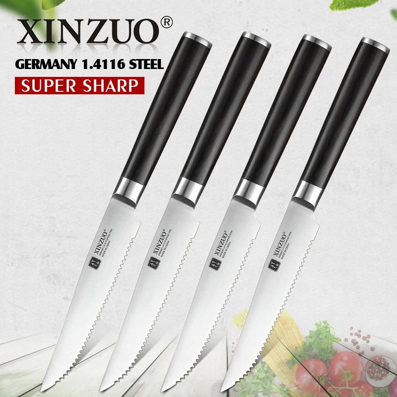 XINZUO, 4 шт., 5 дюймов, набор ножей для стейка, Германия, 1,4116 сталь, западный стиль, столовый набор посуды, с зубчатым лезвием, столовые ножи