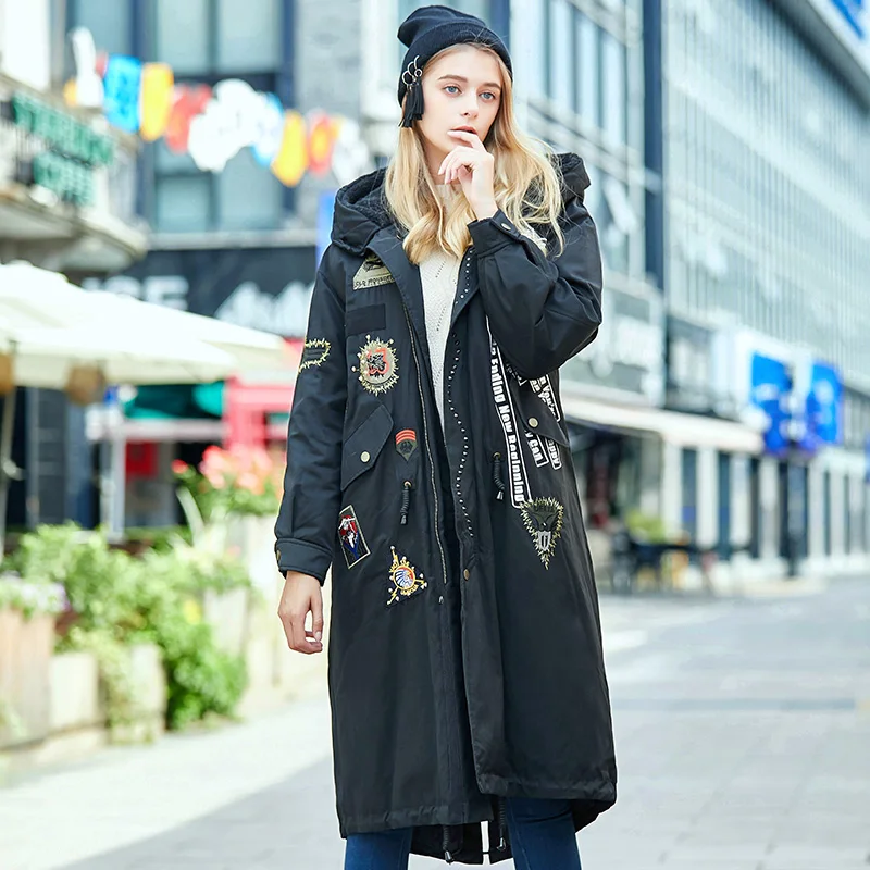 Winter oversized style letters printed rivet beading Duck down coat female Long Warm fluffy down Jacket thick warm Parkas F428