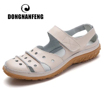 

DONGNANFENG Mother Women's Female Ladies Genuine Leather White Shoes Sandals Hook Loop Summer Cool Beach Hollow Soft LLX-9566