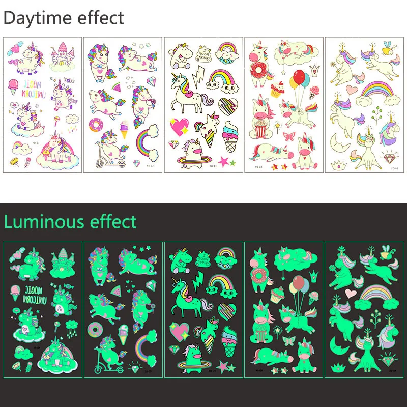 5pcs Luminous Tattoo Stickers Child Kid Temporary Fake Tattoos Glow Paste on Face Arm Leg for Children Body Art Mermaid Dinosaur