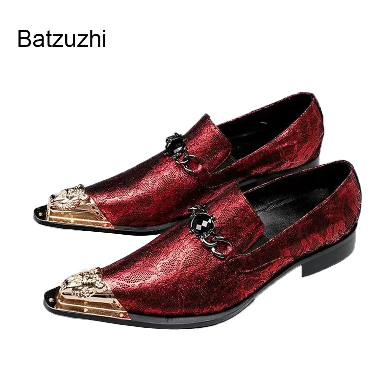 

Batzuzhi Italian Type Handmade Men's Shoes Pointed Golden Metal Toe Leather Dress Shoes Men Party and Wedding Oxfords, EU38-46!