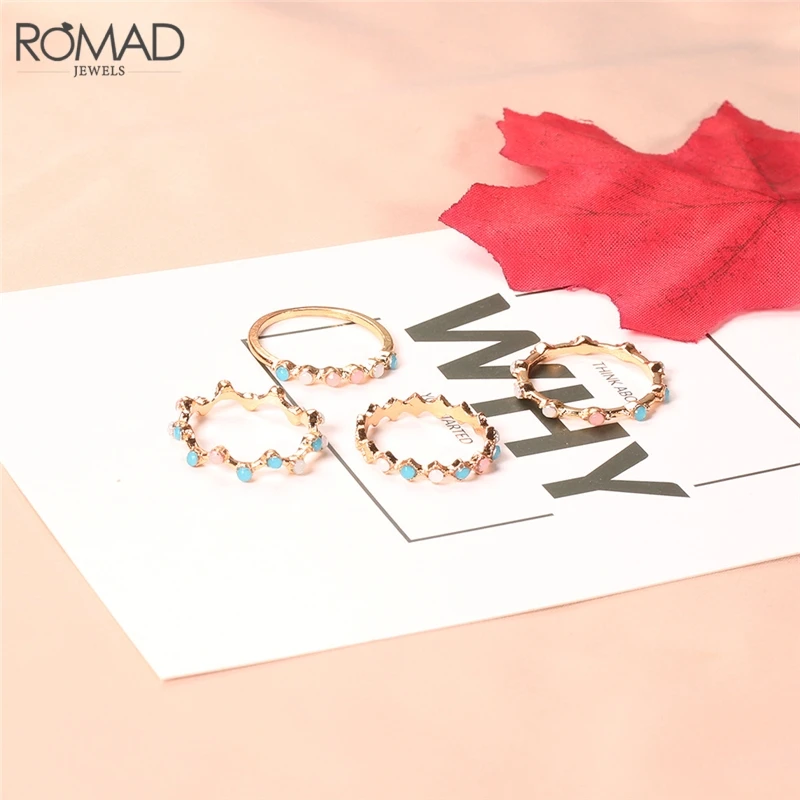 ROMAD 4 шт./компл. красочные бусины опал кольца набор для женщин девочек тонкое модное кольцо для пальца ювелирные изделия Boho кольца для суставов палец R50