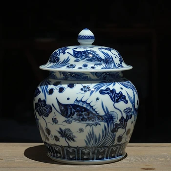

Hand-painted Blue and White Yuan Dynasty Imitation Fish and Algae Pattern General Pot Ceramic Tea Caddy