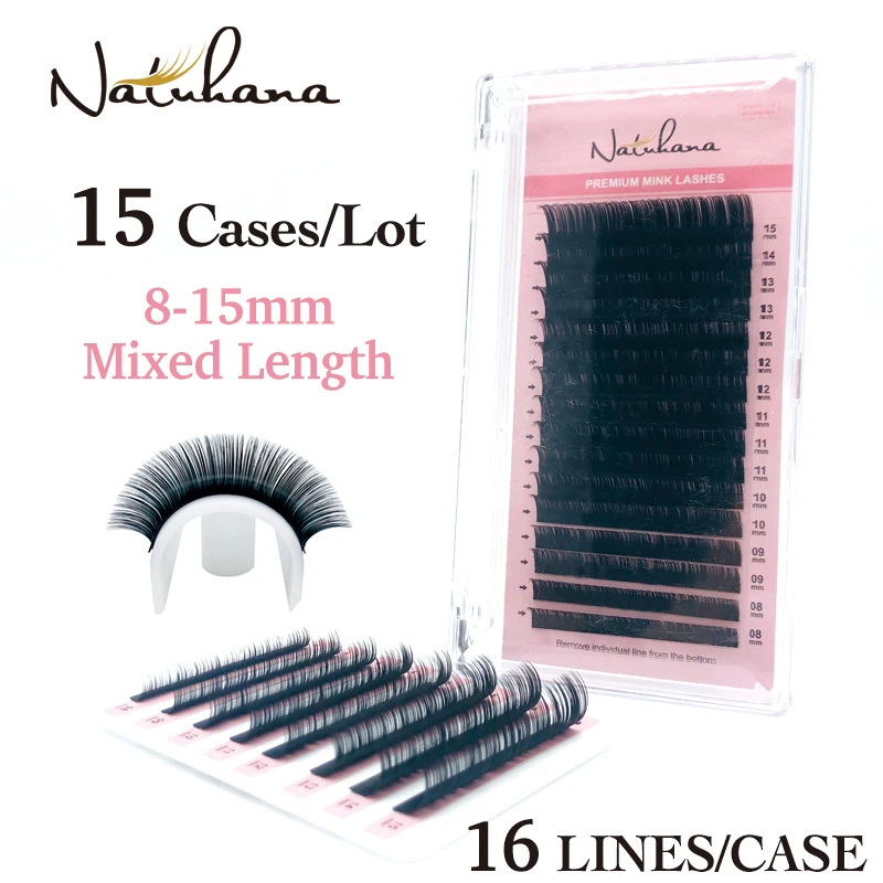 

NATUHANA Wholesale 15Cases/Lot 16rows 8~15mm Mix Natural Mink Soft Eyelash Extension Premium Individual Fake False Eye Lashes