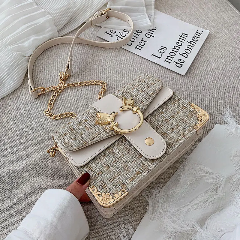 

Fashion Embroidery Nylon Small Package Women High Quality Plaid Chain Messenger Bag Ladies Cloth Strap Metal Lock Crossbody Bag