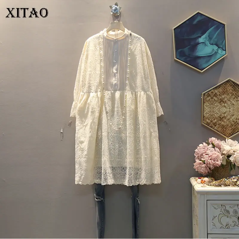 XITAO модное платье из кружев «кроше» для женщин; Большие размеры корейский стиль Женская одежда элегантный стенд воротник платья с длинным рукавом GCC3245