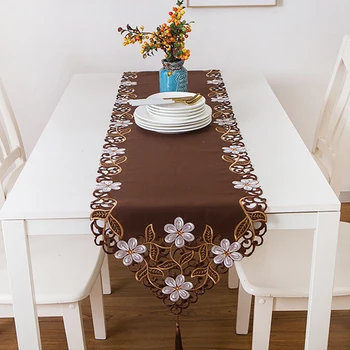 

New 40*175CM Brown Pastoral Embroidered White Floral Tassel Tablecloth Table Runner Home Party Wedding Dinner Table Decor Cloth