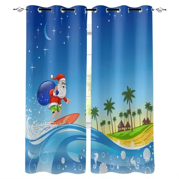 

Surfing Christmas Santa Claus Window Curtains Cartoon Living Room Kitchen Curtains for Bedroom Left and Right Biparting Open