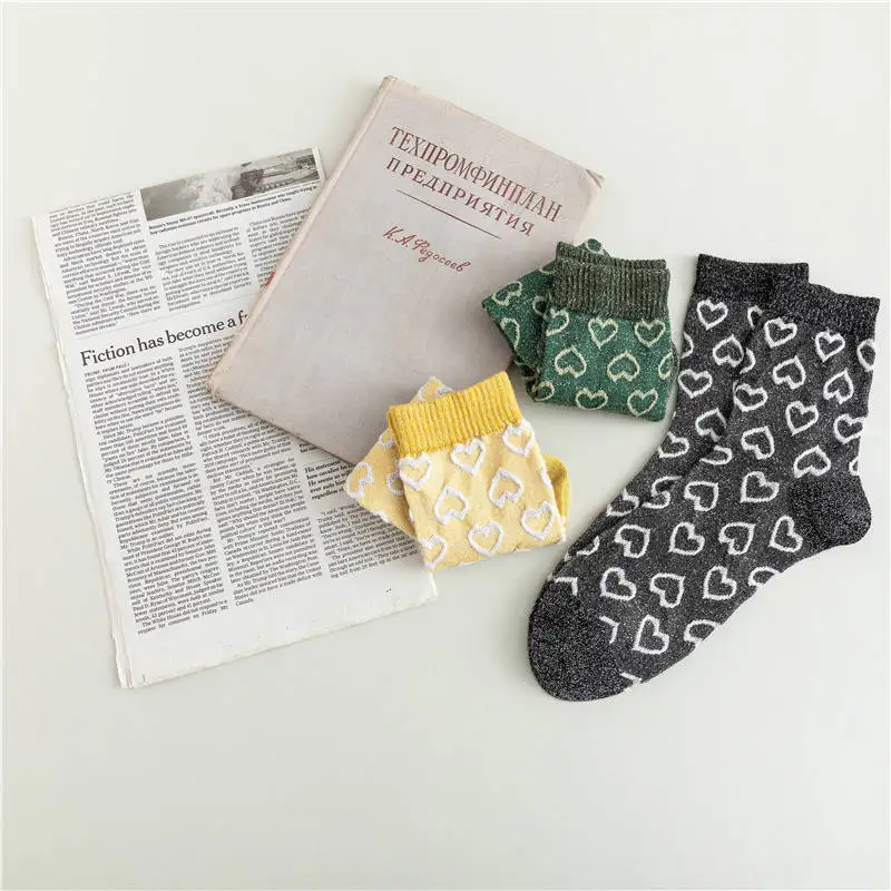 KingDeng Зима Женщины Хлопок Сердце Sheer Носки Дизайнер Искусство Harajuku Эстетические Симпатичные Блеск Носки Корейский Стиль Женщины Стежка