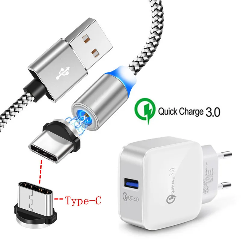 1 м Магнитный кабель type C + QC 3,0 USB быстрое зарядное устройство для телефона для samsung galaxy S10 S8 S9 A70 Xiaomi Mi9 Redmi K20 zte Axon 7 9 pro