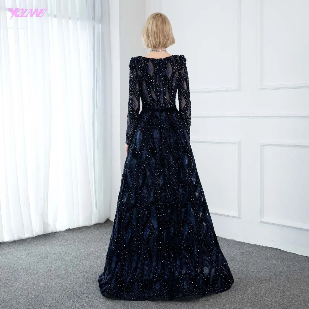 Новая коллекция Дубай темно-синие вечерние платья с длинным рукавом Длинные вечерние платья бархатные с v-образным вырезом бриллианты