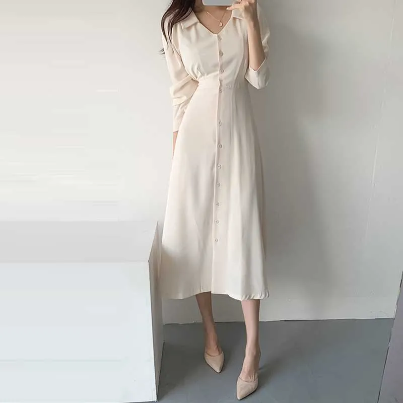 Elegant One-Piece Dress Woman 2020 Spring Autumn New Single-Breasted Long Sleeve Waist Dress Korean Office Party Dresses Lady