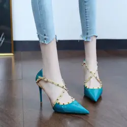 Women Cute Sweet Rivet High Quality Criss Cross Buckle Stiletto Heels Lady Sexy Party Night Club Heel Shoes