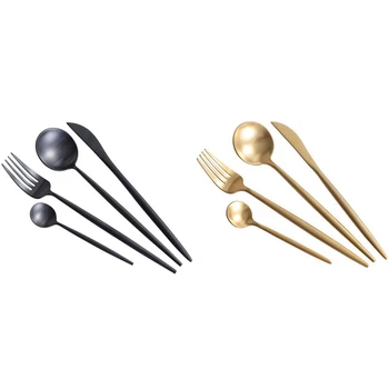 

8 Pcs Dinnerware Set 304 Stainless Steel Cutlery Kitchen Food Tableware Set-Black & Gold