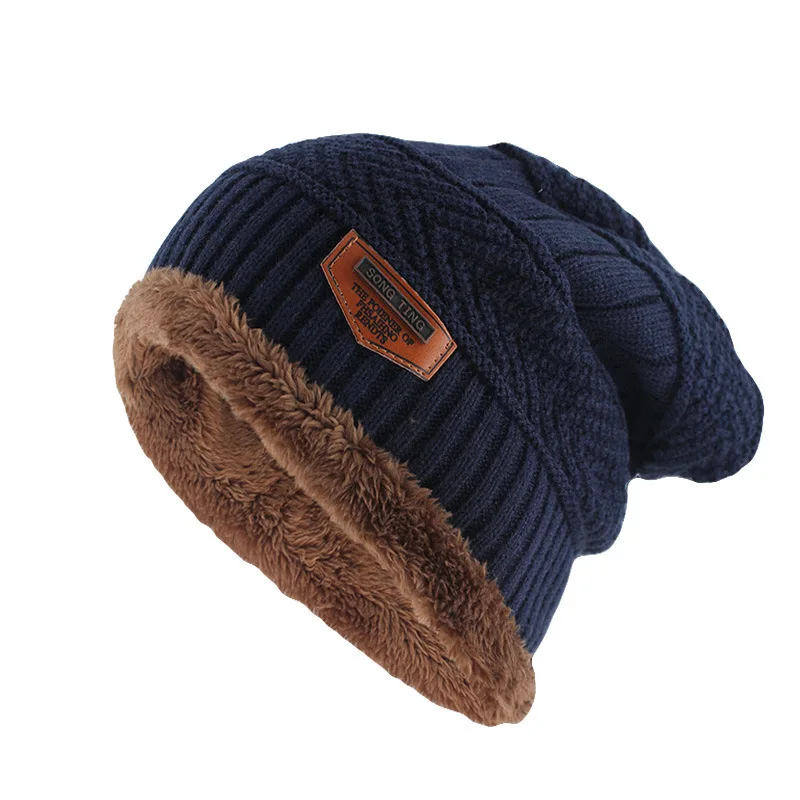 Зимние вязаные мужские шапки уличные теплые свободные удобные кепки утолщение плюс бархатная шапка уличные Лыжные шапки для мужчин и женщин - Цвет: Blue