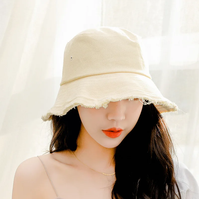 

Japanese-style Solid Color Cowboy Flash Simple Bucket Hat Women's Topee Cloth Cap Foldable Washing Frayed Edge Bucket Hat Women'