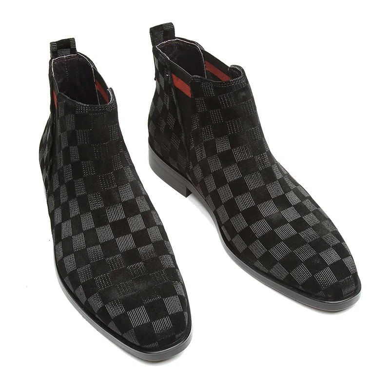 Fashion Black / Brown Pointed Toe Lattice Mens Casual Boots Genuine Leather Boots Man Ankle Boots