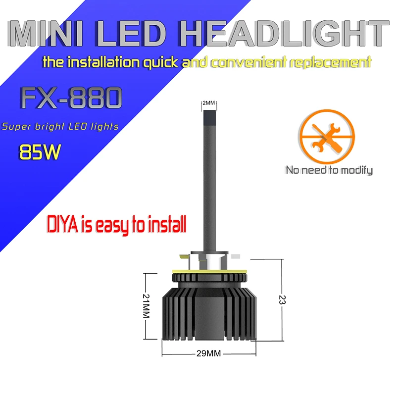 FX H27 880 881 светодиодный лампы для автомобильных фар мини размер 85 Вт 5500K 9005 лм H1 H3
