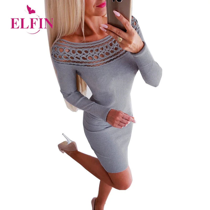 

Elegant Party Women Dress Gray Color Slim Fit Sheath Long Sleeve Off Shoulder Autumn Robe Femme Womens Clothing 2019 SJ4548R