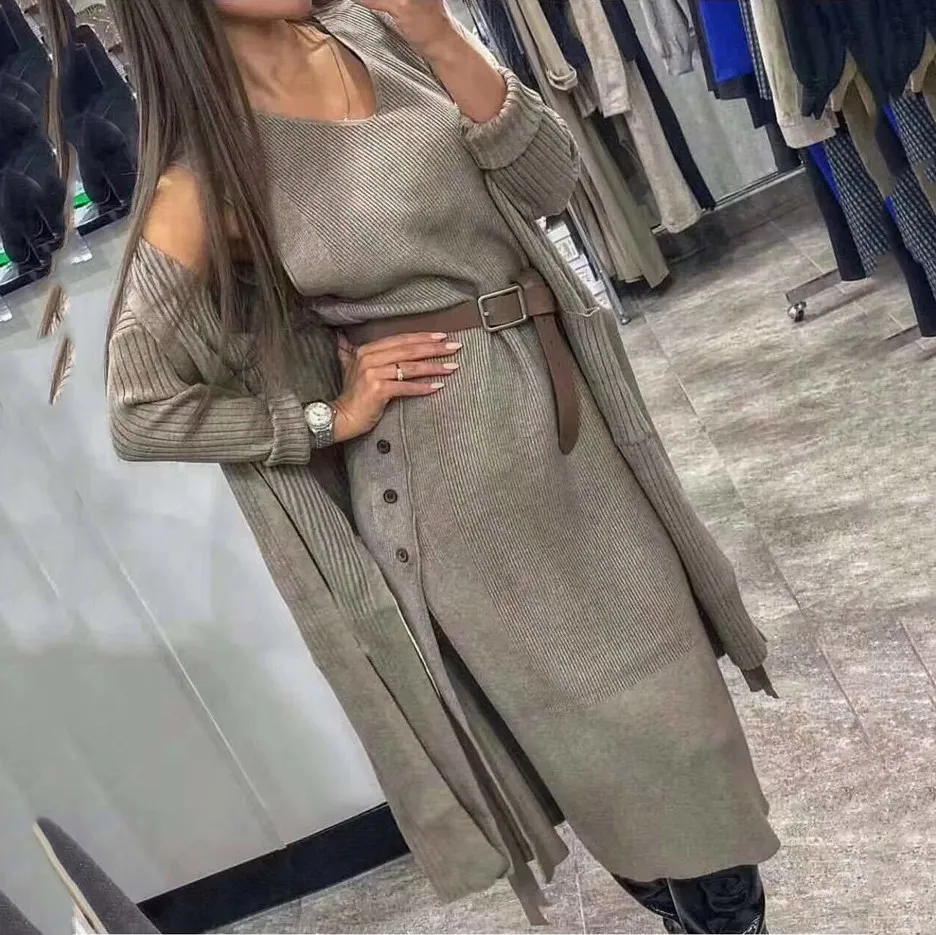 

Winter Fall 2019 Knitted 2 Piece Set V-Neck Women Outfits Eleagnt Sweater Dress And Long Sleeve Cardigan Sweater Set