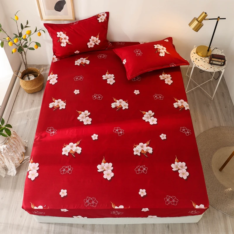 Pillowcase Bed-Sheets Elastic And Bonenjoy Printed with Drap-De-Lit Red-Color 3pcs
