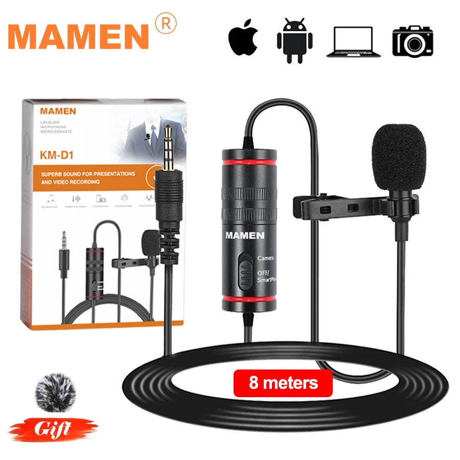 MAMEN 8m Clip-on Lavalier Mic Mini Audio 3.5mm Collar Condenser Lapel Microphone for Recording Canon / iPhone DSLR Cameras