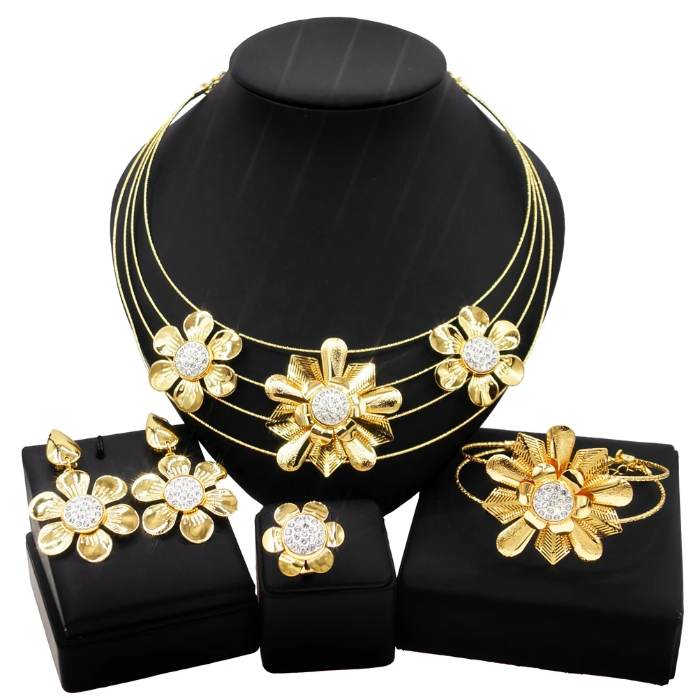 Yulaili New Luxury Dubai Jewelry Sets African Crystal Flower Pendant Necklace Stud Earrings for Women Event Wedding Accessories | Украшения